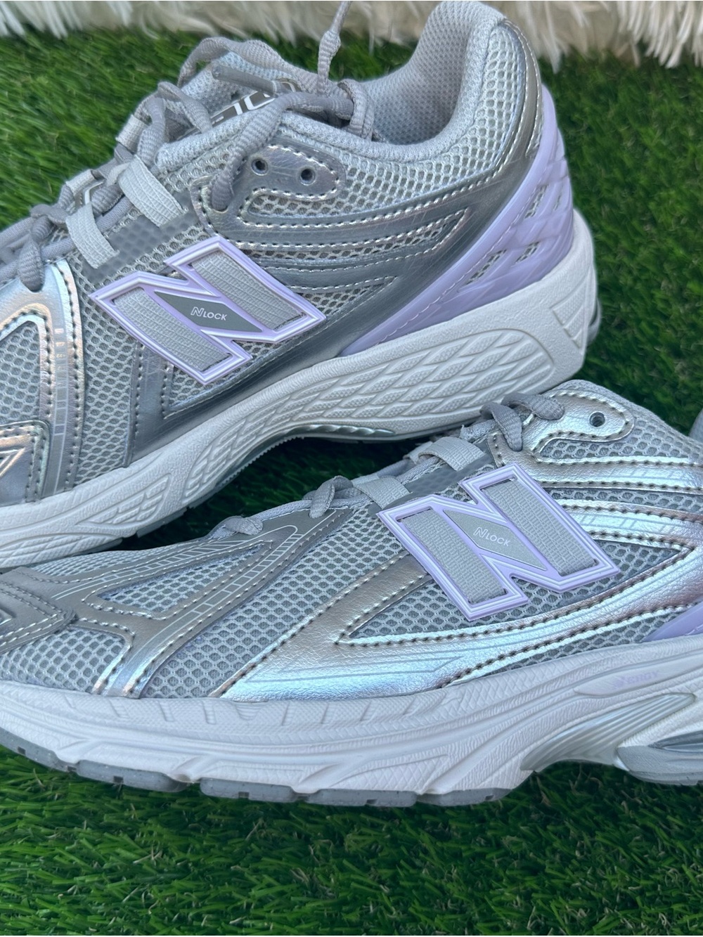 Kids New Balance Women's Silver Metallic Walking Sneakers - Silver/Purple Accent